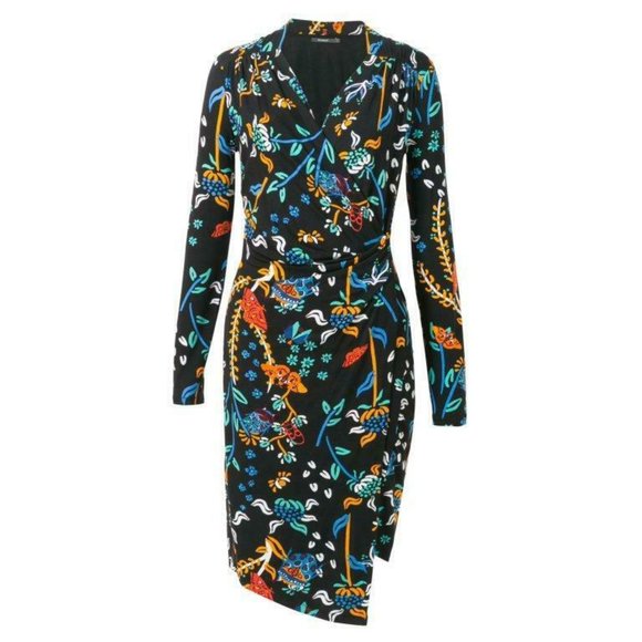 Desigual Bridie Womens L Floral Mock Wrap Dress Black Rayon Spandex Long Sleeve - Picture 3 of 10